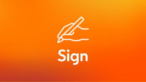 Image of hand holding a pen with the word Sign