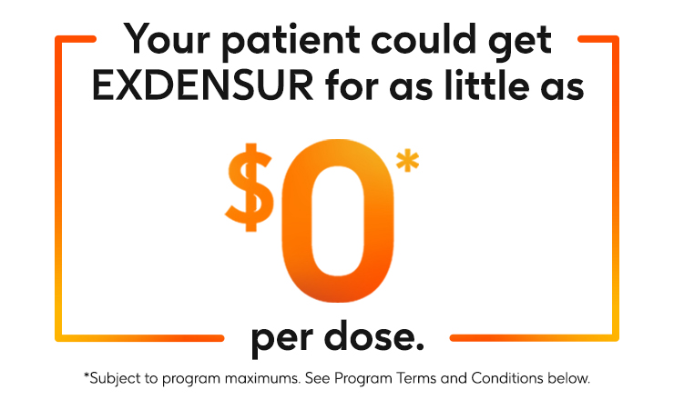 Your patient could get EXDENSUR (depemokimab-ulaa) for as little as zero dollars per dose. Subject to program maximums. See program terms and conditions below.